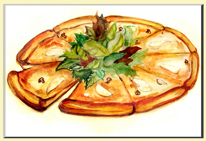 Stunning Food Art Painting of Salad and Sliced Pear Pizza